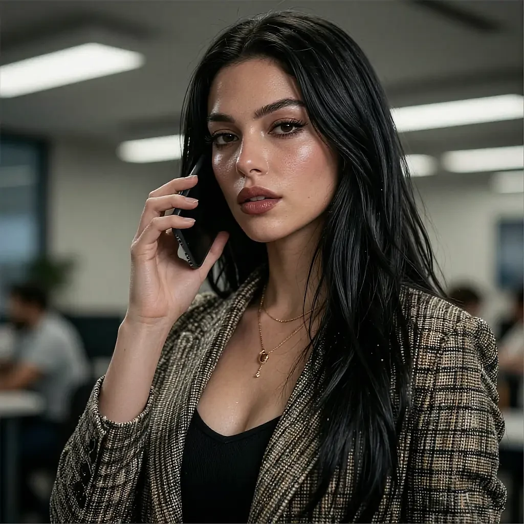 Mini card of a fictional AI character in a checked blazer taking a call in an office