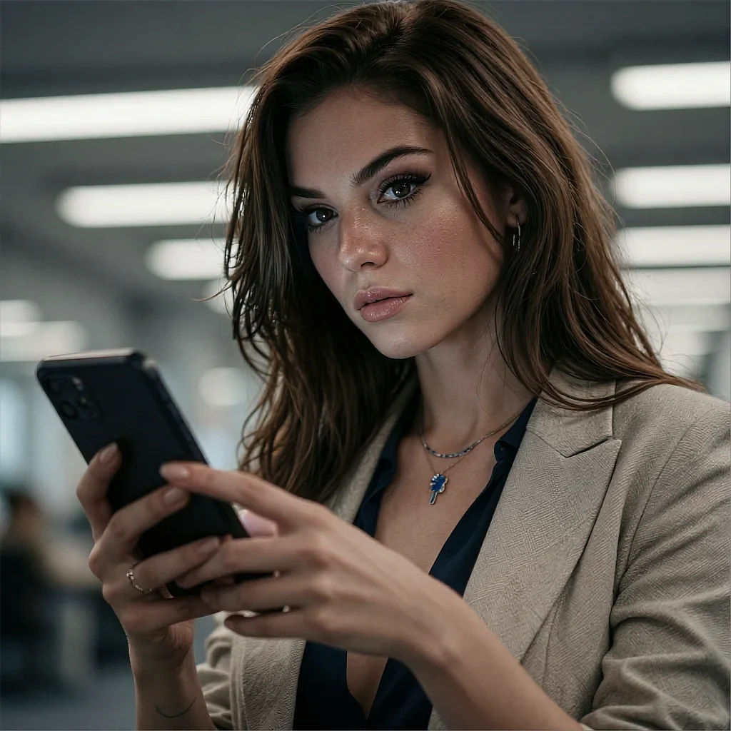 Mini card of a fictional AI character in a beige blazer reading her phone