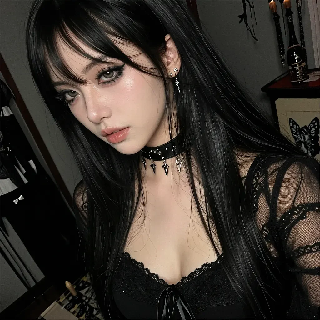 Mini card of a fictional AI character in a lace top and choker in a dark room