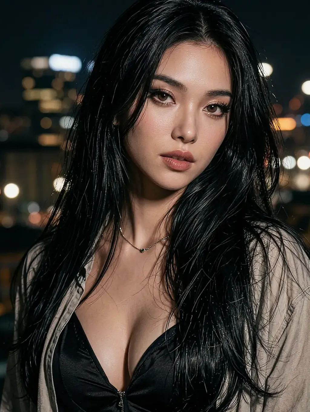 Card portrait of Nika, a fictional AI character, with city lights blurred behind her