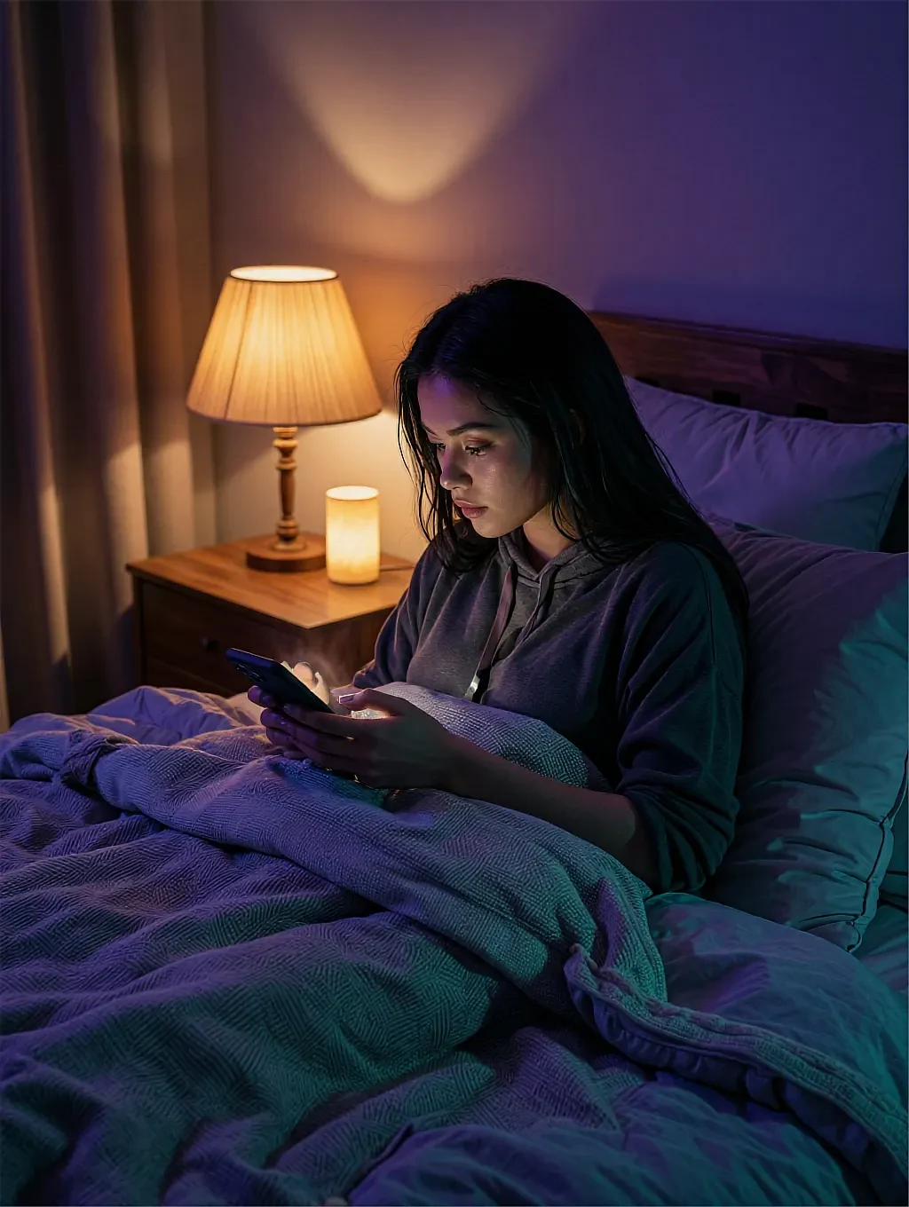 Card portrait of Hoshi, a fictional AI character, texting in bed by a purple lamp