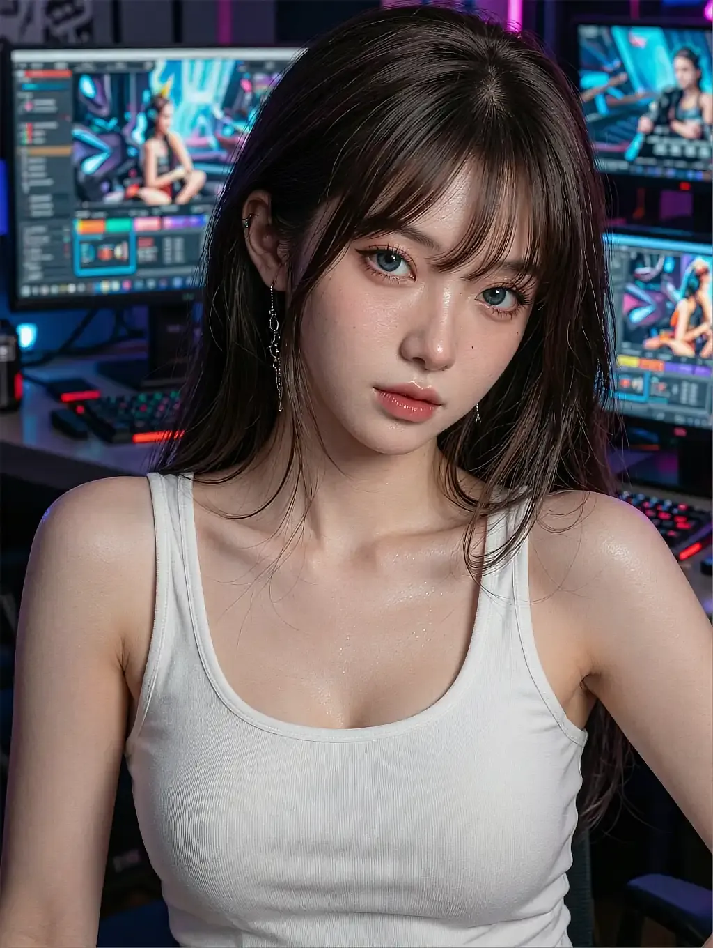 Fictional AI character in a white tank top with monitors glowing behind her