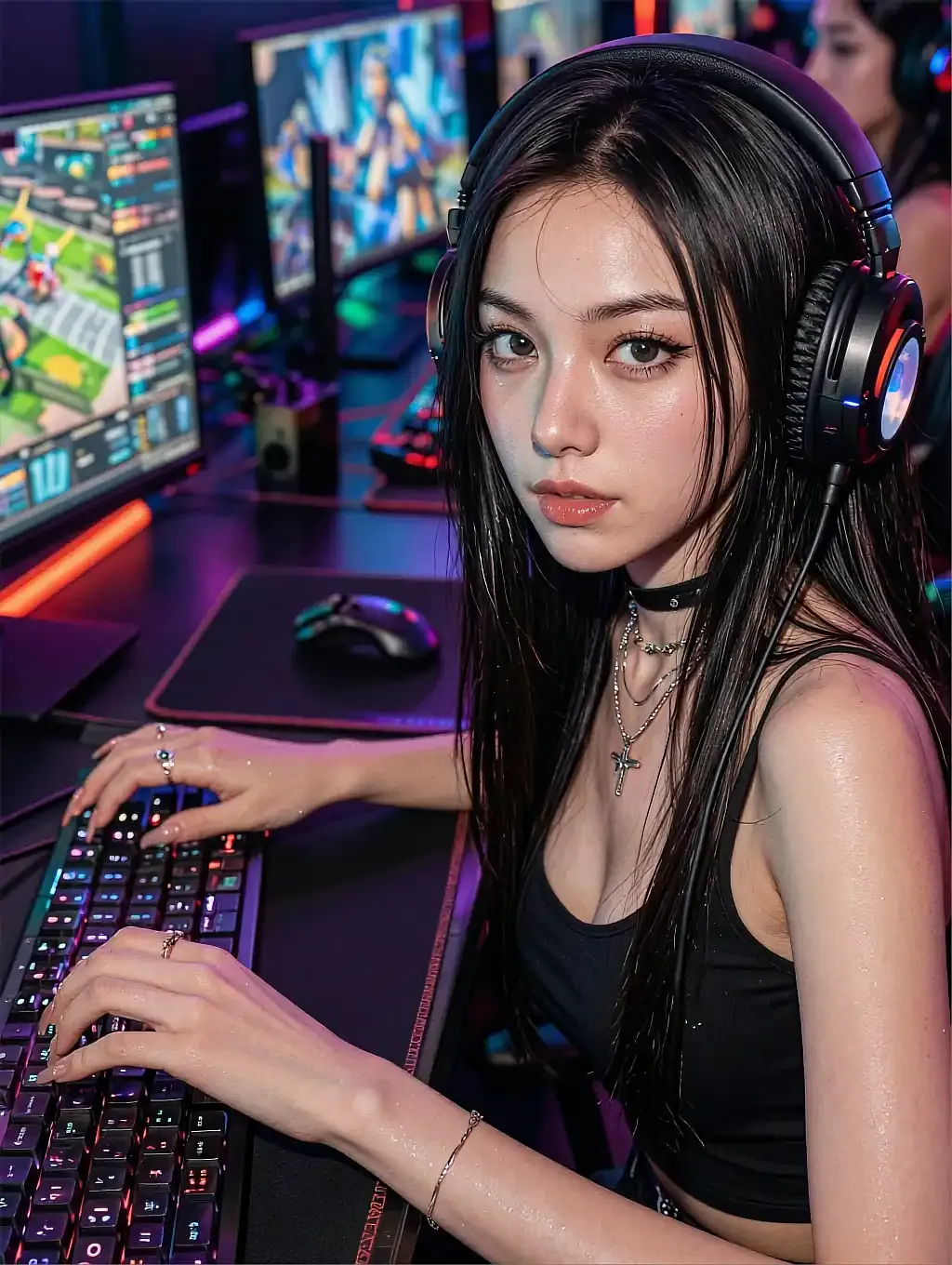Fictional AI character in headphones at a neon-lit gaming desk, printed as the front of card 014