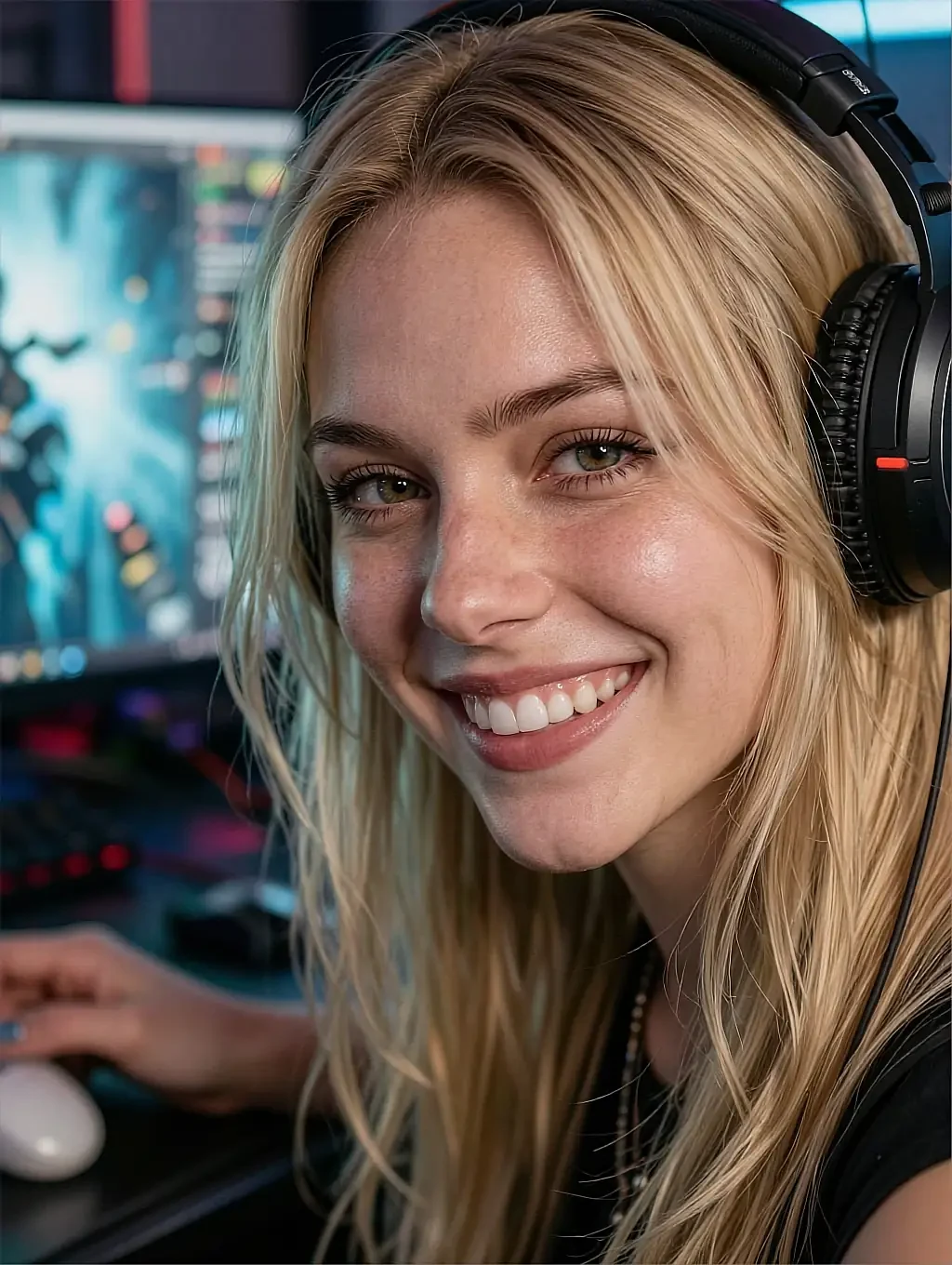 Fictional AI character in a headset laughing at her keyboard