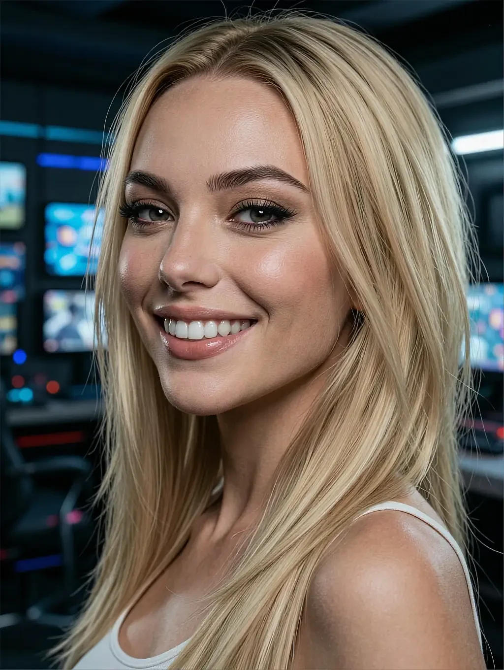 Fictional AI character with blonde hair smiling beside a wall of screens