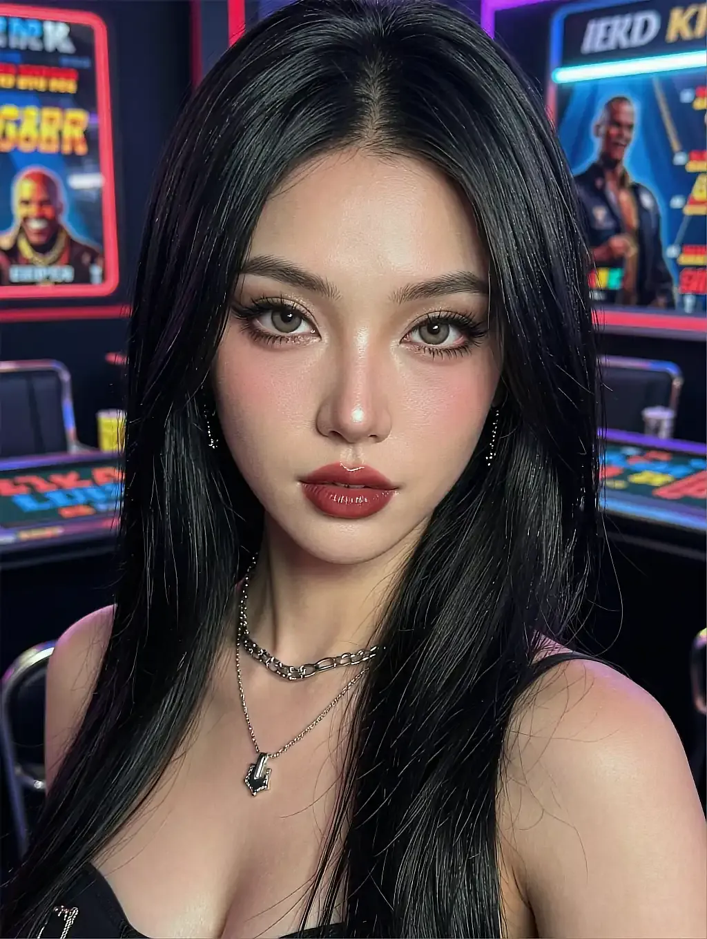 Fictional AI character standing in front of lit arcade cabinets, printed as the front of card 027
